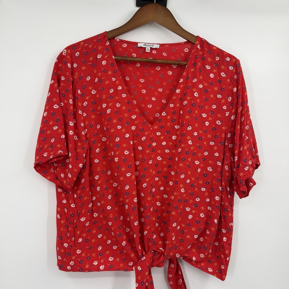 Madewell Blouse Top Womens XL Red Novel Tie Front Tee Prairie Posies
